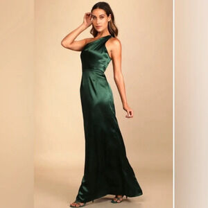 Lulus Satin One-Shoulder Maxi Dress w/Cutout Strap Skirt Emerald Green XL #0320
